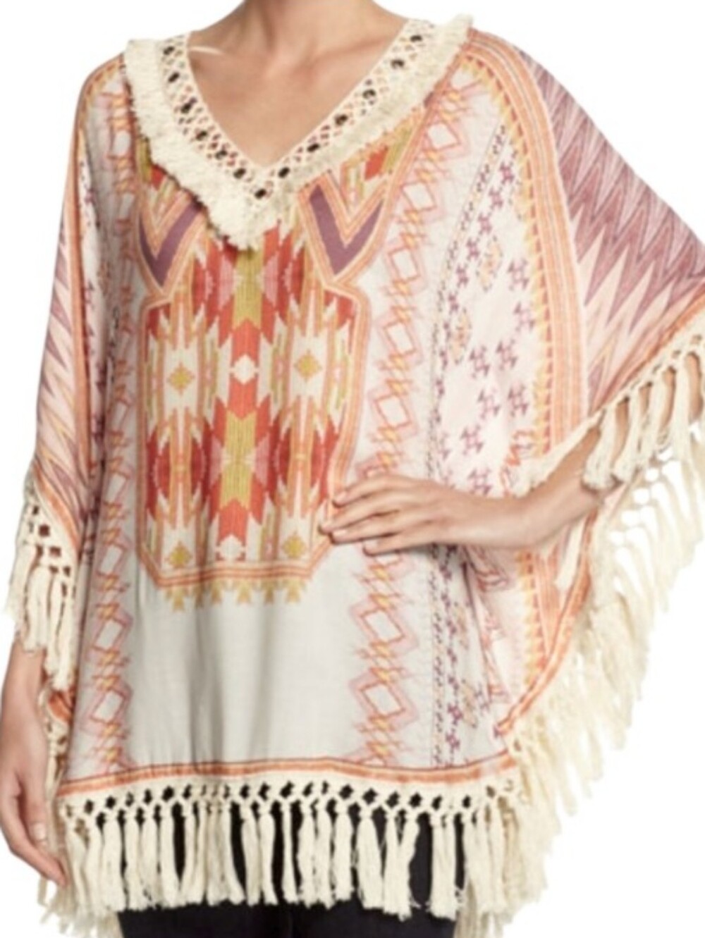 Hiche Tassled Boho Aztec Style Poncho Blouse